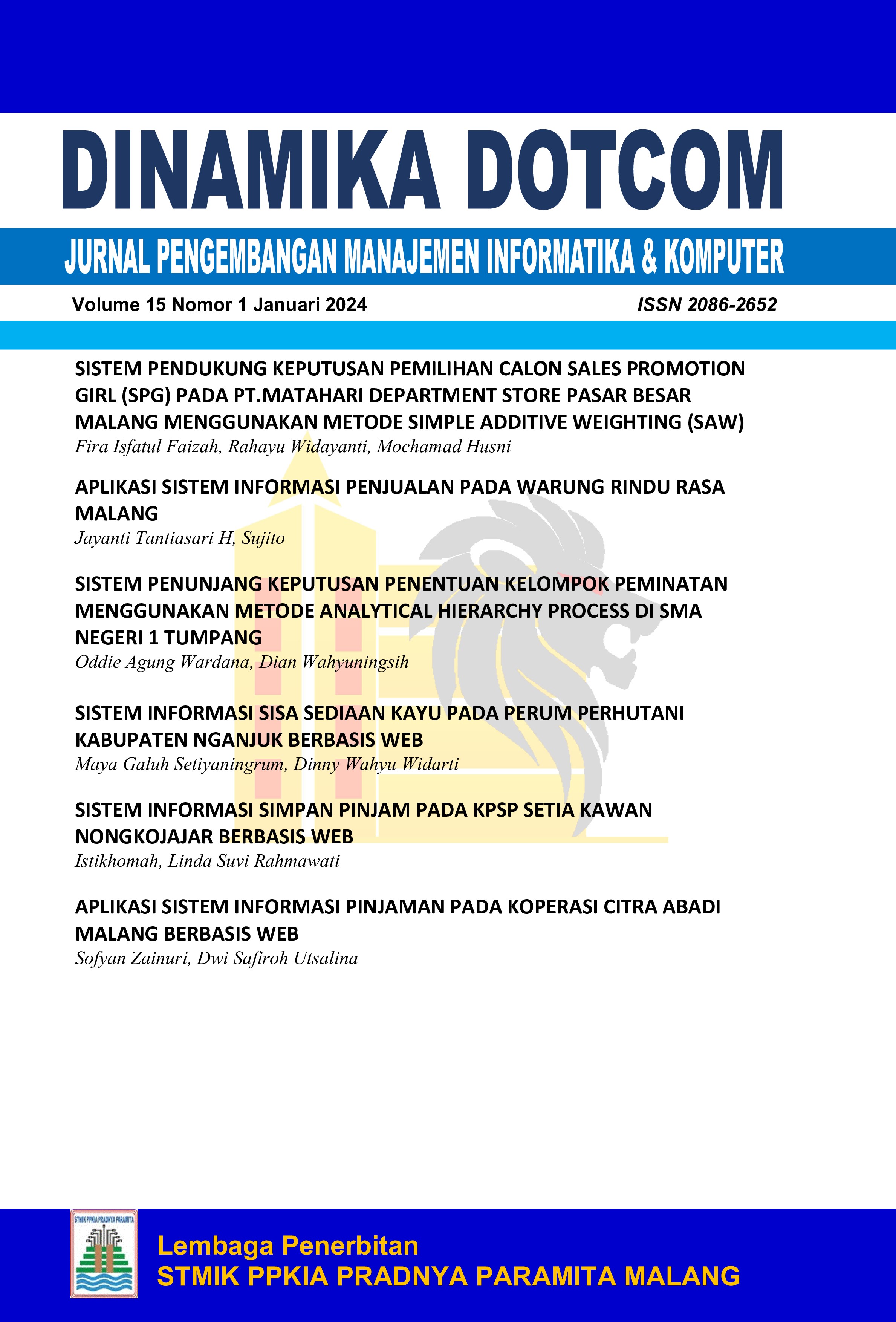 					View DINAMIKA DOTCOM Vol.15 No.1  Tahun 2024
				